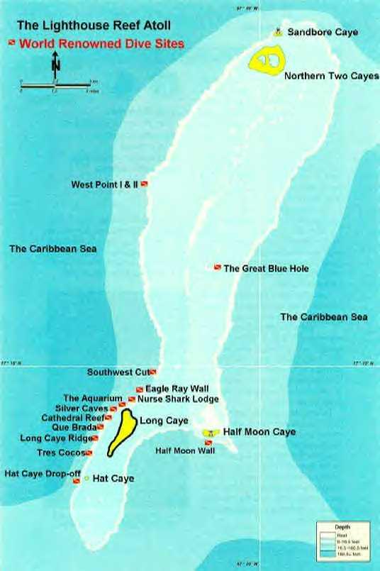 The Lighthouse Reef Atoll is the farthest atoll from the mainland and has some of the greatest underwater visibility in the Caribbean.  Beautiful reef structures and walls beginning at 35 feet that are loaded with colorful corals and sponges that are seen through the clear water.  The famous Blue Hole is a natural phenomenon, which is the middle of Lighthouse Reef.  Some of the best wall dives exist on Lighthouse Reef, including several shallow drop-offs next to Half Moon Caye, where there are many discoveries to be explored.